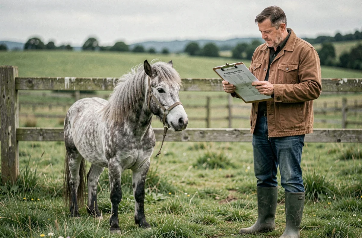 Homme évaluant un poney nain gris dans un paddock en tenant une fiche d'annonce de vente