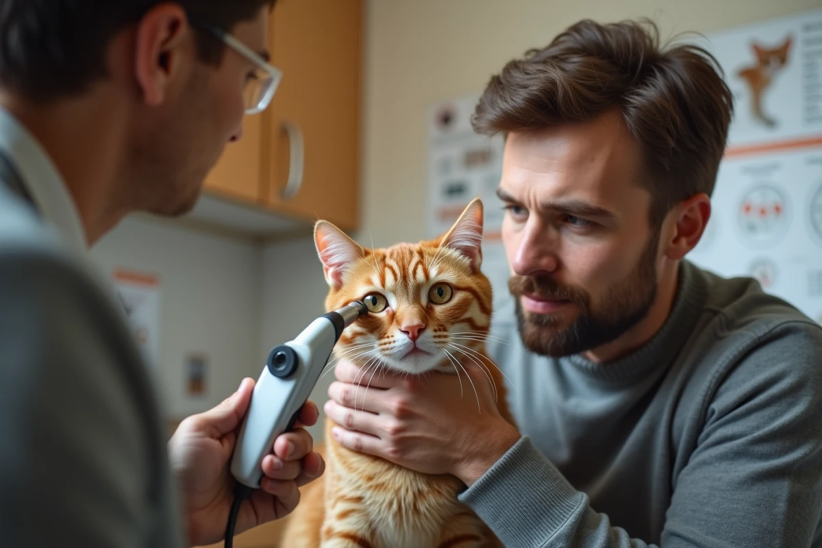 Propriétaire tient un chat orange lors d’un examen oculaire