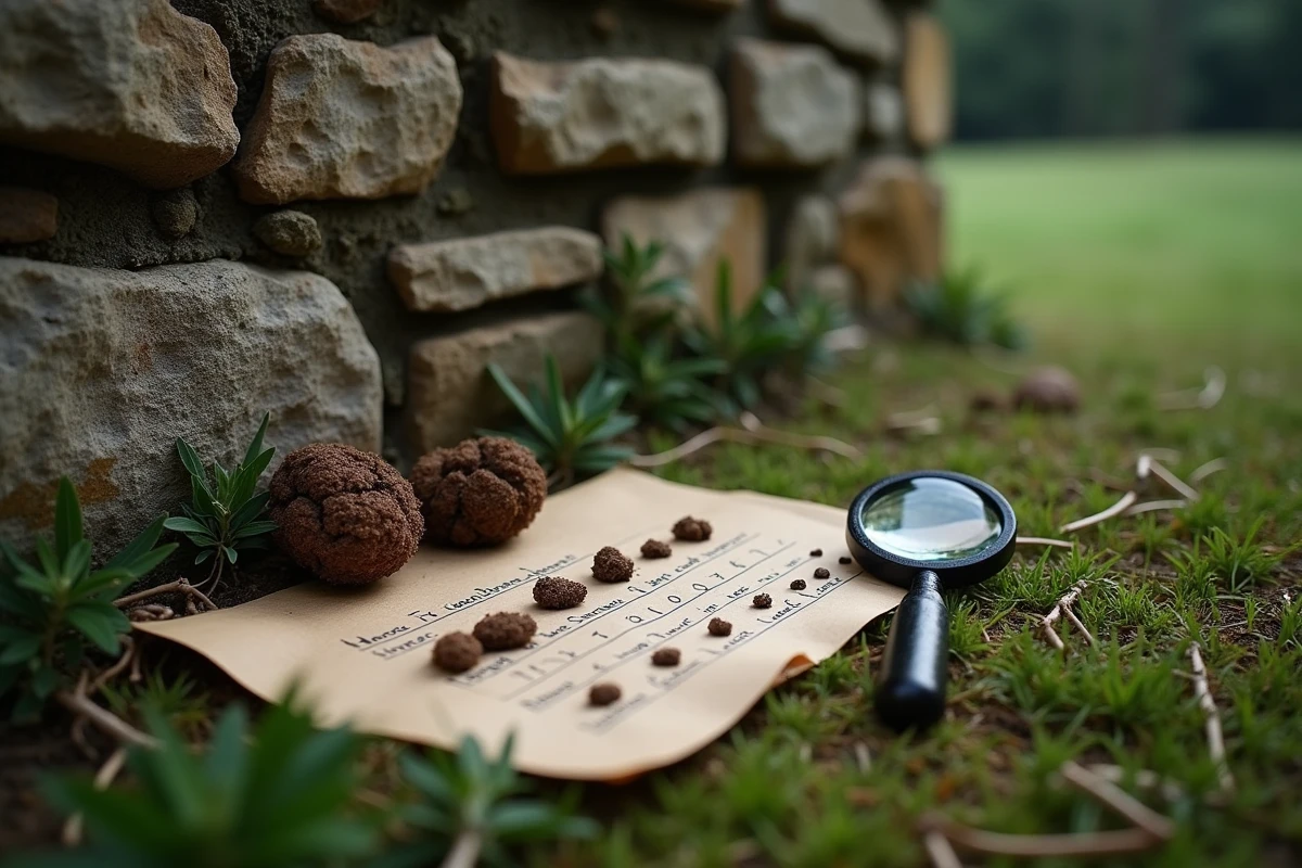 Excréments nocturnes avec chartes et loupe dans le jardin