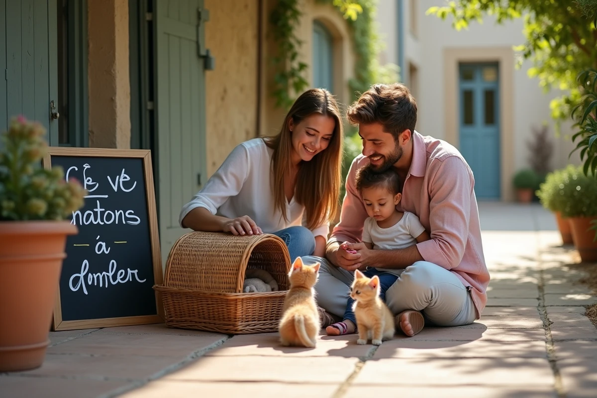 Famille regardant des chatons sur une véranda provençale