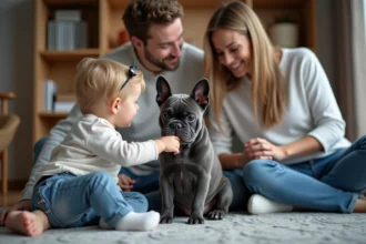 Famille française avec chiot bulldog dans un salon chaleureux