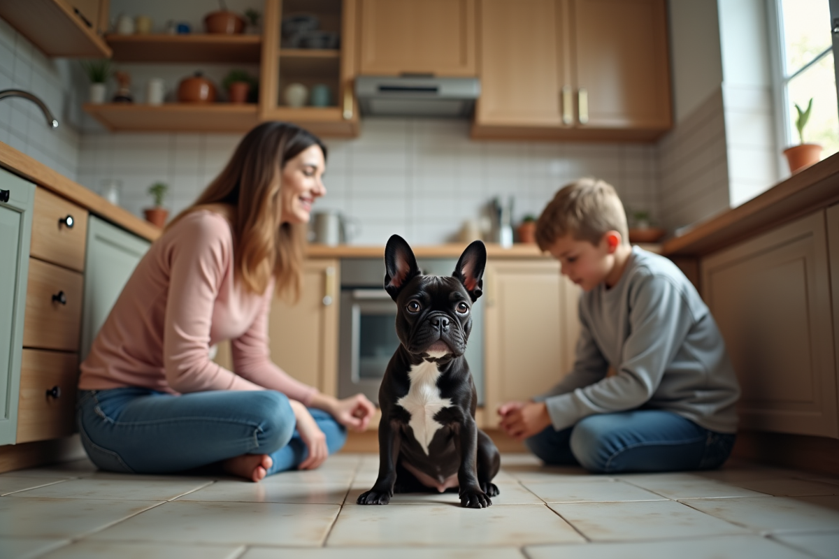 Famille avec un bouledogue français dans la cuisine moderne