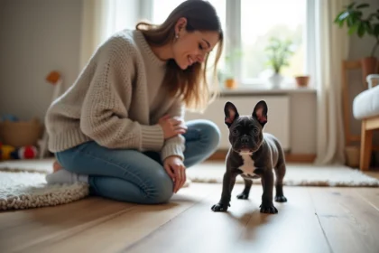 Famille française avec chiot bulldog dans un salon lumineux