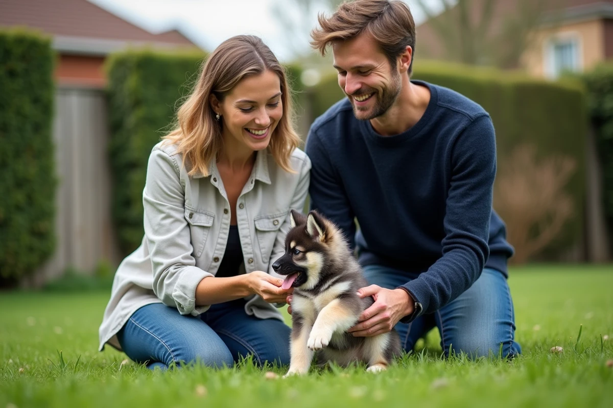 Famille française jouant avec un chiot Eurasier dans un jardin verdoyant en banlieue