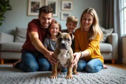 Famille heureuse avec chiot American Bully dans le salon