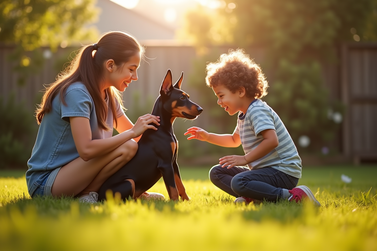 Famille rencontrant un chiot Doberman dans le jardin ensoleille