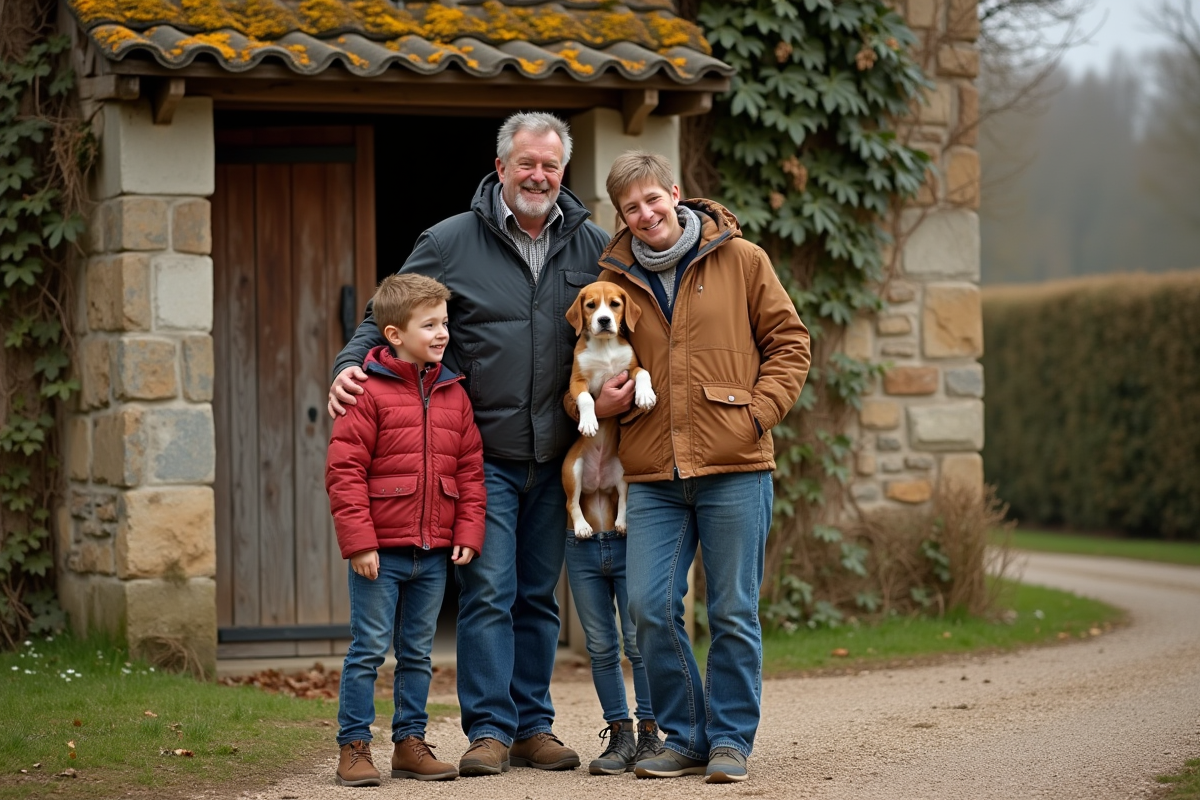Famille dans village rural avec chiot beagle et maison en pierre