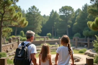 Famille avec enfants observant les animaux au zoo de La Palmyre, enclos naturel entouré de pins et végétation atlantique
