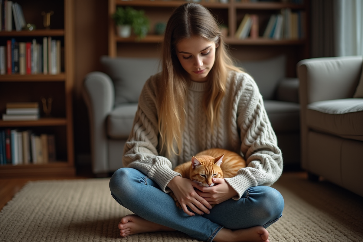 Jeune femme caressant un chat roux dans un salon cosy