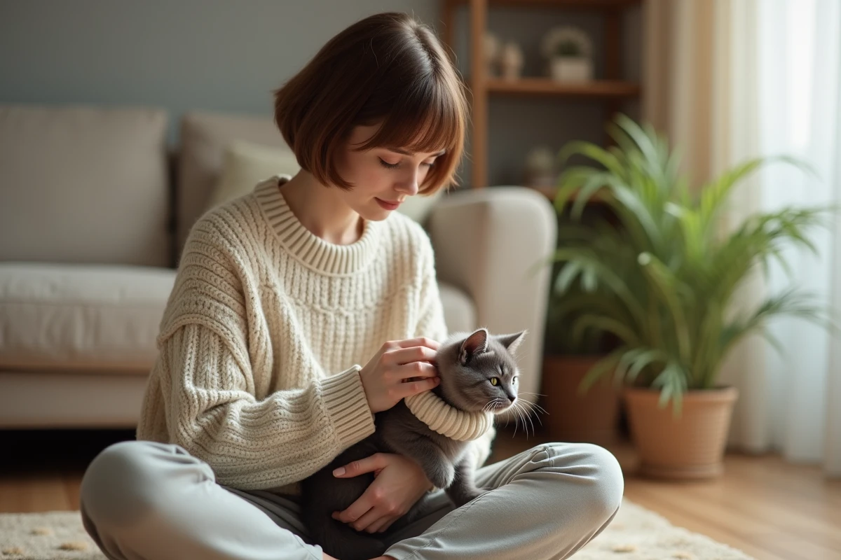 Jeune femme ajustant délicatement une collerette douce autour du cou d'un chaton gris à la maison