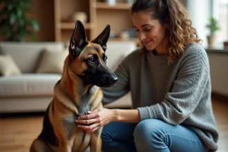 Femme apaisante posant la main sur un croisé Labrador Malinois anxieux assis sur un parquet en bois dans un salon chaleureux