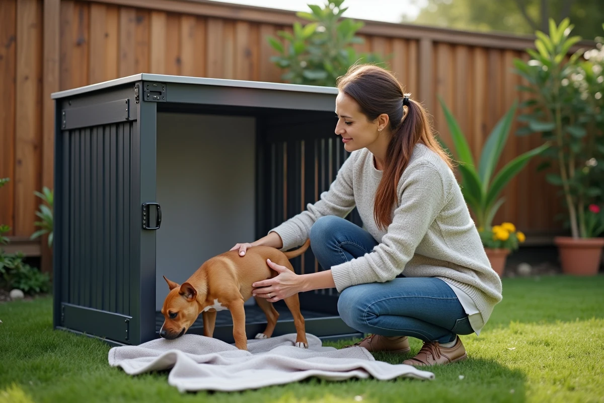 Femme en extérieur assemble une cage pour chiot Bully