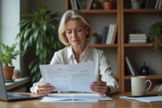 Femme d'âge moyen lisant des documents d'assurance dans un bureau à domicile