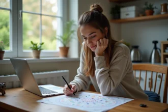 Femme pensante avec chartes astrologiques et animal
