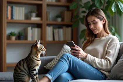 Femme assise avec son chat dans un salon cosy