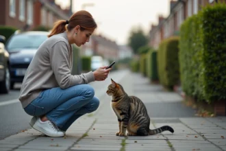 Femme inquiète avec un chat sur le trottoir résidentiel