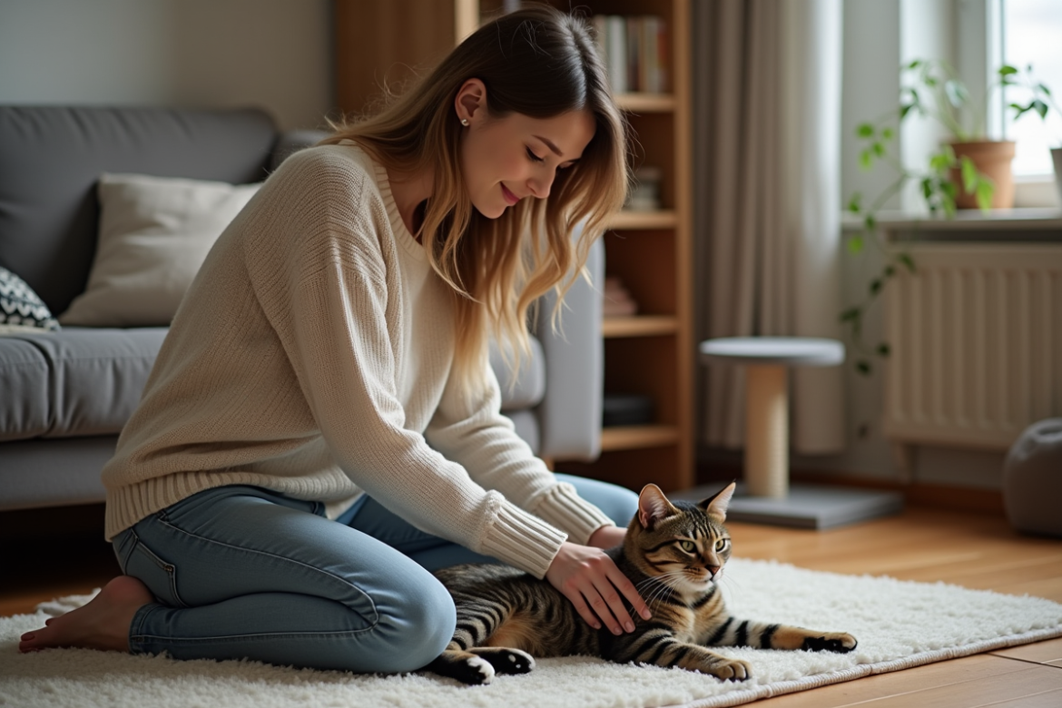 Jeune femme caressant un chat relaxe dans un salon cosy