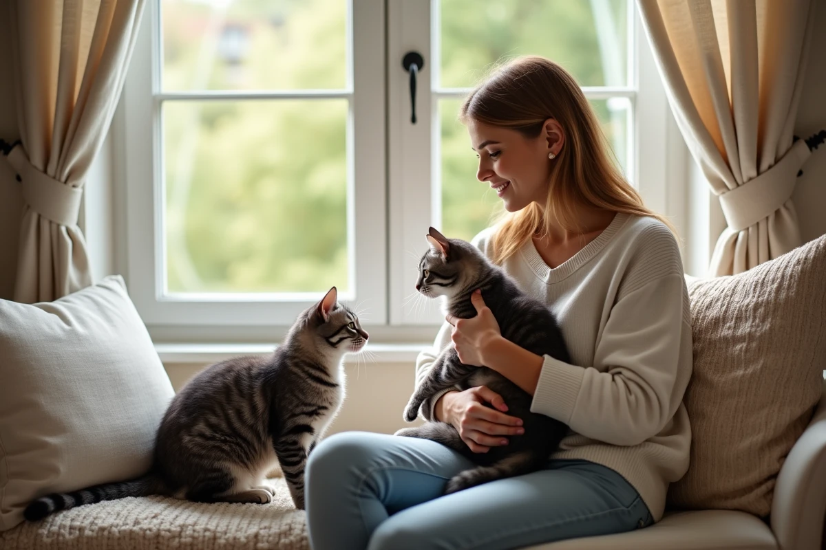 Femme tenant un chat calme sur ses genoux près d