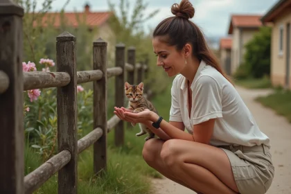 Femme tenant un chaton dans un jardin à Toulon