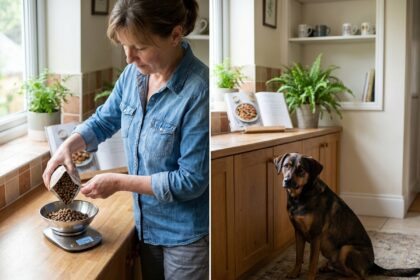 Femme pesant la nourriture pour son chien en cuisine