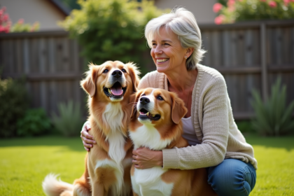 Femme souriante avec deux chiens dans un jardin ensoleille