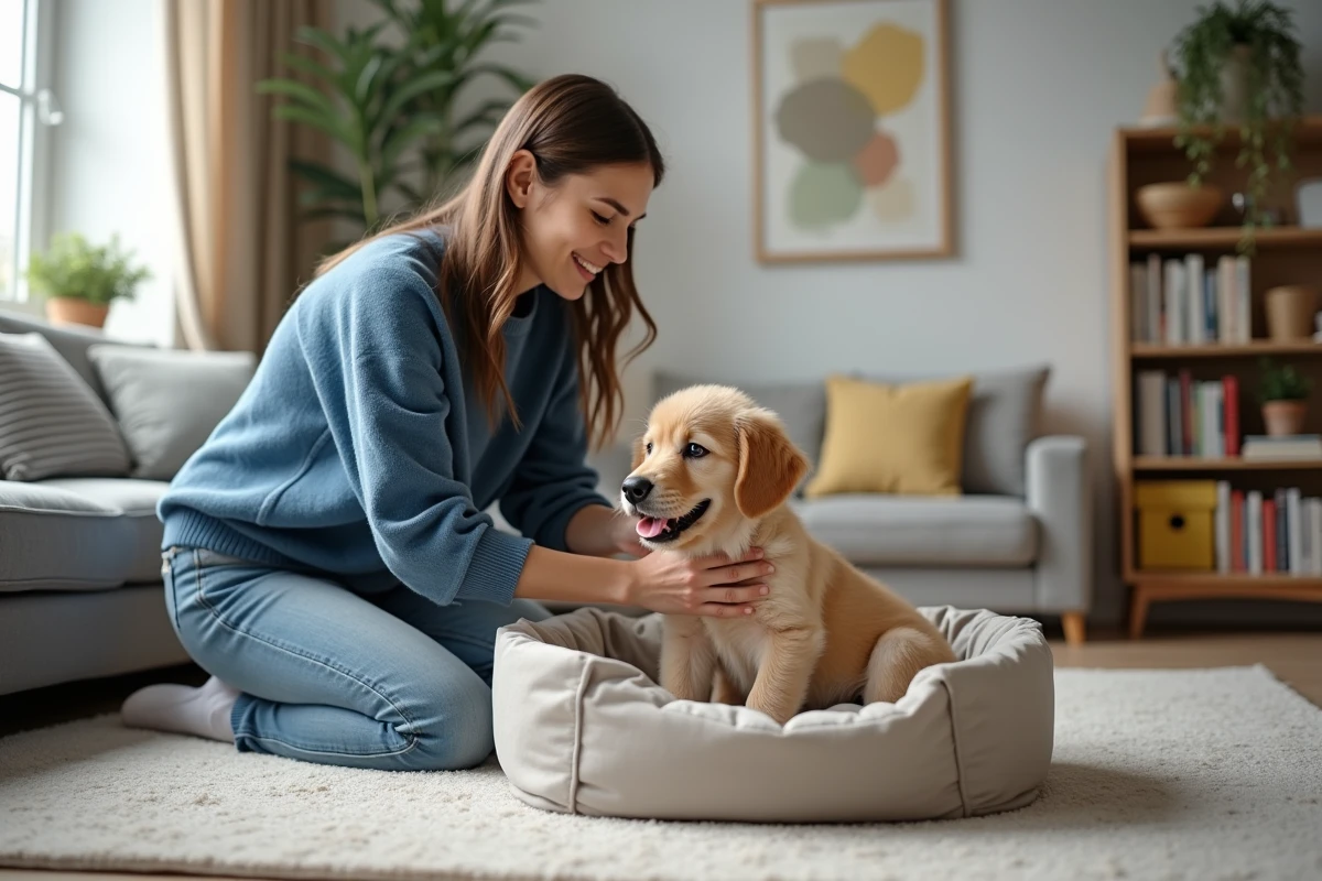 Femme souriante avec un chiot golden retriever dans un salon