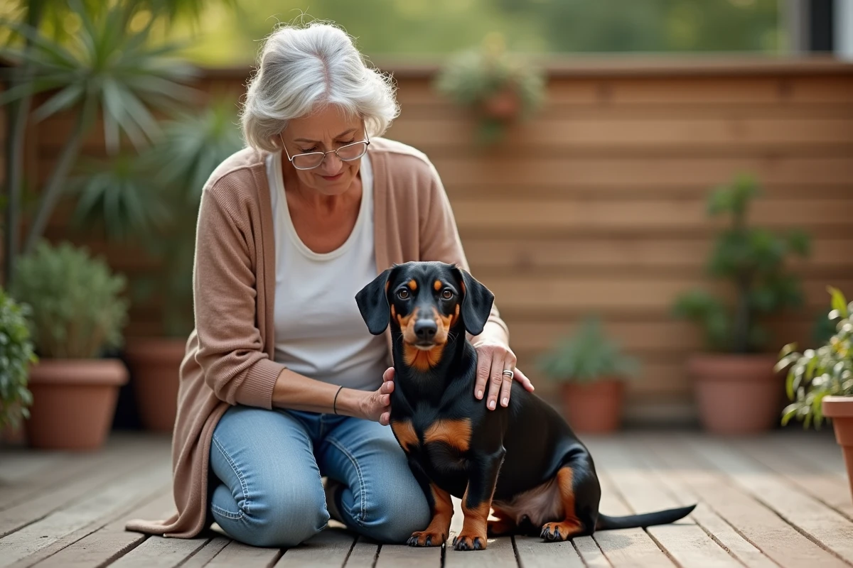 Femme âgée caressant son chien dans un jardin cosy