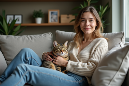 Femme assise avec deux chats dans un salon chaleureux