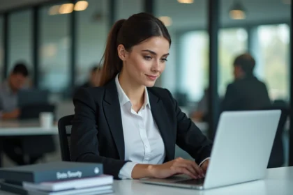 Femme confiante au bureau travaillant sur un ordinateur