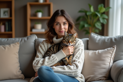Femme avec chat dans un salon chaleureux et accueillant