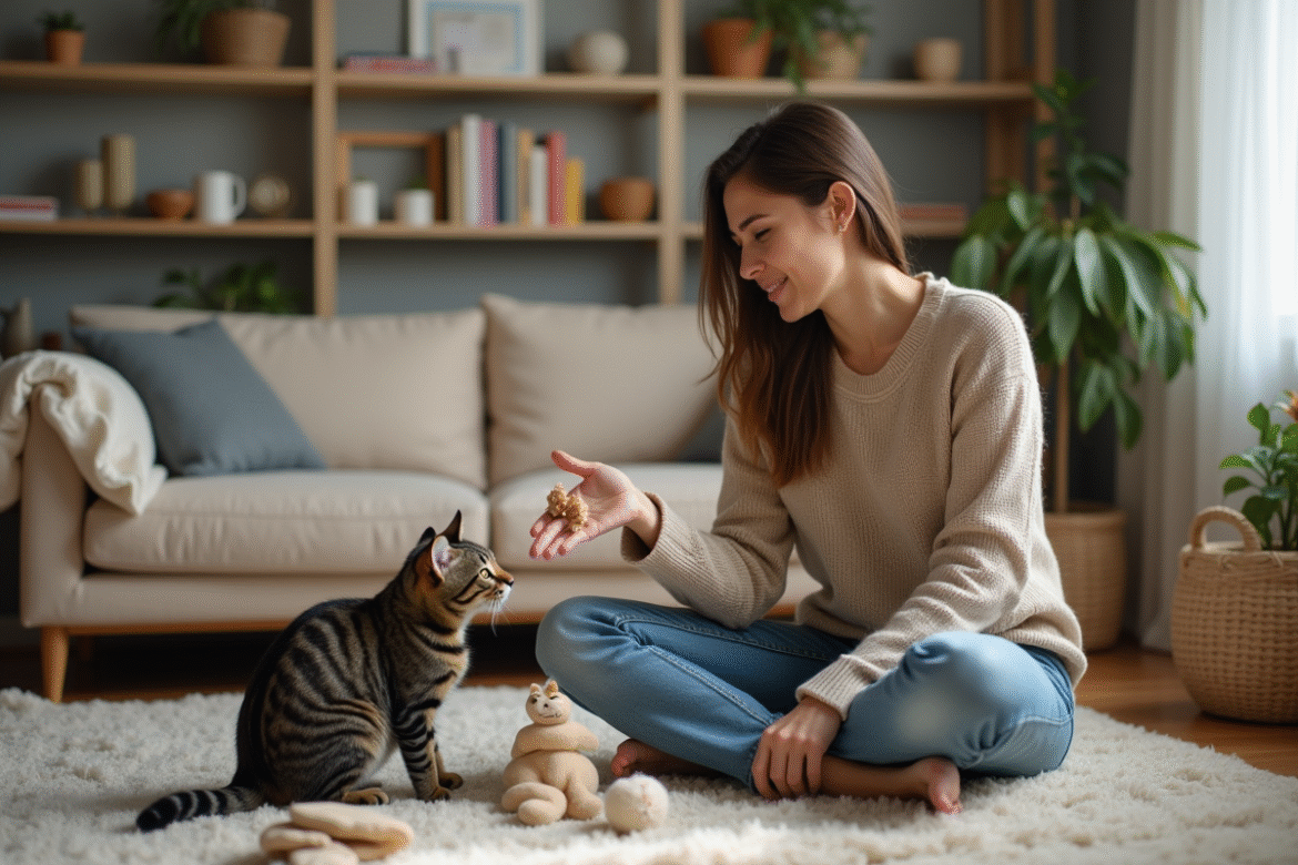 Jeune femme avec chat dans un salon accueillant