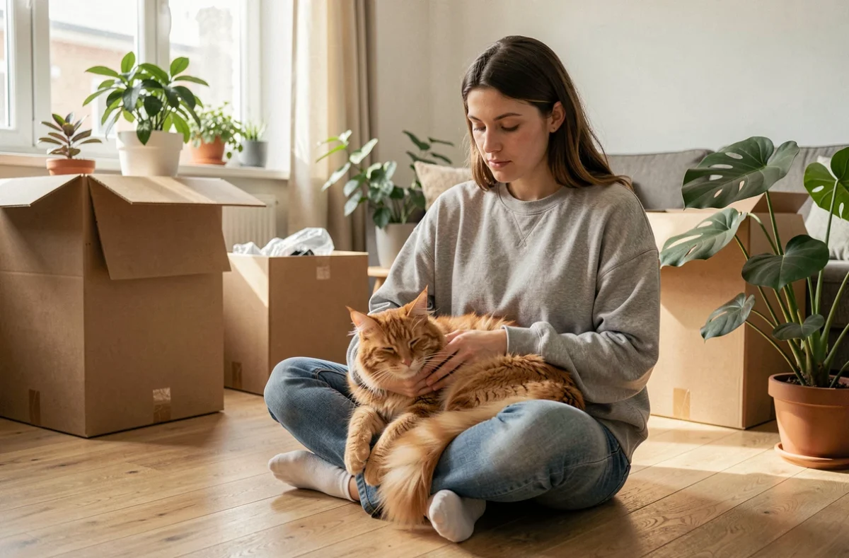 Femme réconfortant son chat qui dort après un déménagement dans un salon en cours d'installation