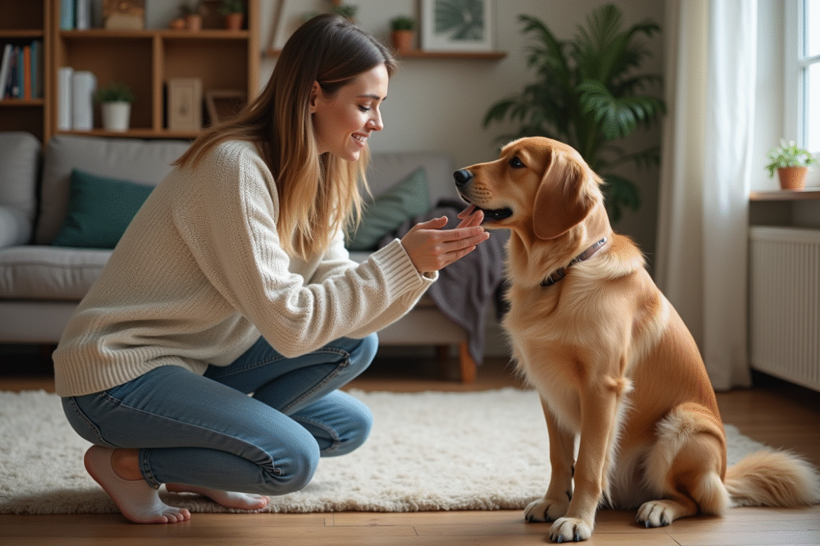 Femme et chien en train de se saluer dans un salon chaleureux