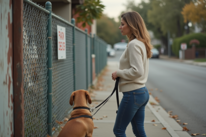Femme avec chien devant refuge animalier en Californie