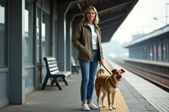 Femme avec chien sur plateforme de train en extérieur