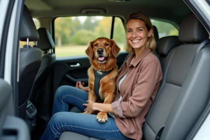 Femme souriante avec son chien dans la voiture