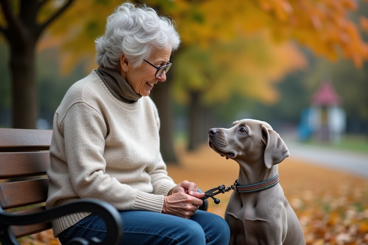 Femme âgée avec chiot weimaraner dans un parc