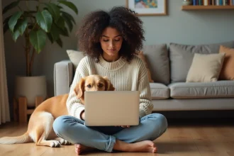 Femme comparant des mutuelles pour chien sur son ordinateur portable avec son golden retriever à ses côtés