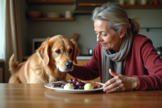 Femme inquiète retire un plat de nourriture du chien