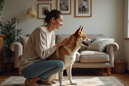 Femme et chien dans un salon chaleureux et accueillant