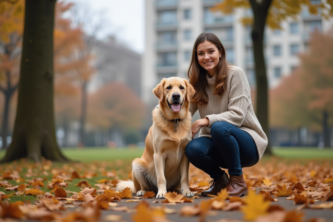 Jeune femme en denim avec un labrador dans un parc automnal