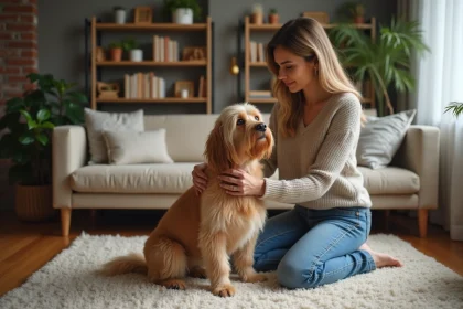 Femme caressant son teckel dans un salon chaleureux