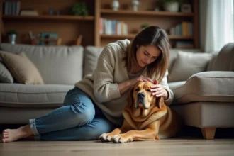 Femme réconfortant doucement un chien triste dans un salon