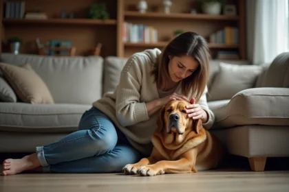 Femme réconfortant doucement un chien triste dans un salon