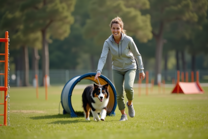 Jeune femme guide un chien d'agilité dans un terrain extérieur