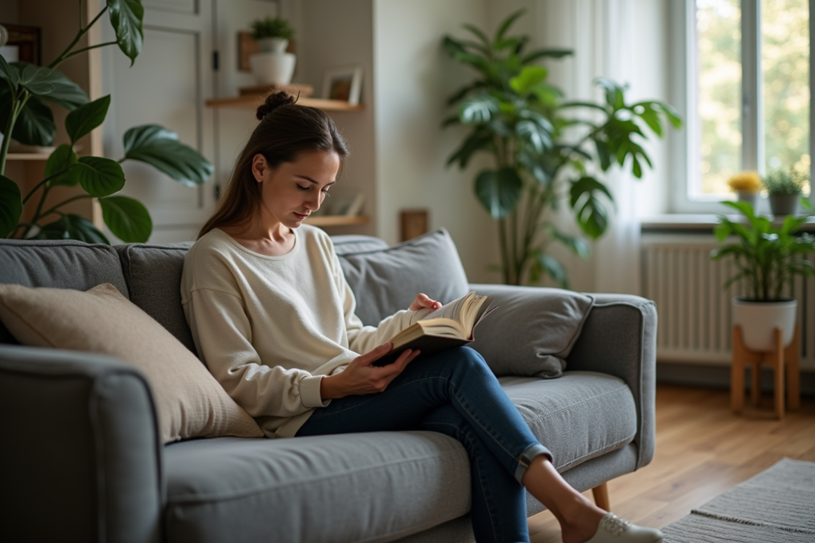 Femme lisant un livre dans un salon moderne et calme