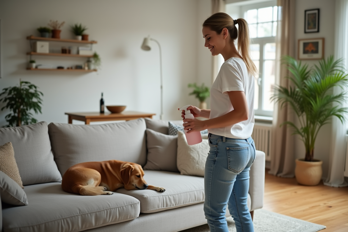 Femme souriante nettoyant un canapé en tissu dans un salon moderne