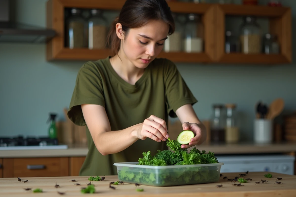 Femme nourrissant des grillons juvéniles avec des légumes frais dans une boîte d'élevage domestique