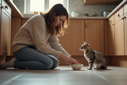 Jeune femme donnant de la nourriture à un chat dans la cuisine