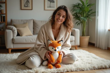 Femme souriante avec peluche renard dans un salon lumineux